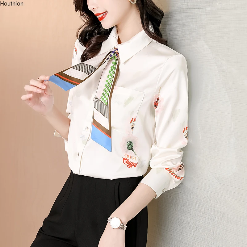 

Шифоновая женская блузка с принтом, свободные рубашки-поло, летняя мода, повседневный Топ с длинным рукавом, женская одежда