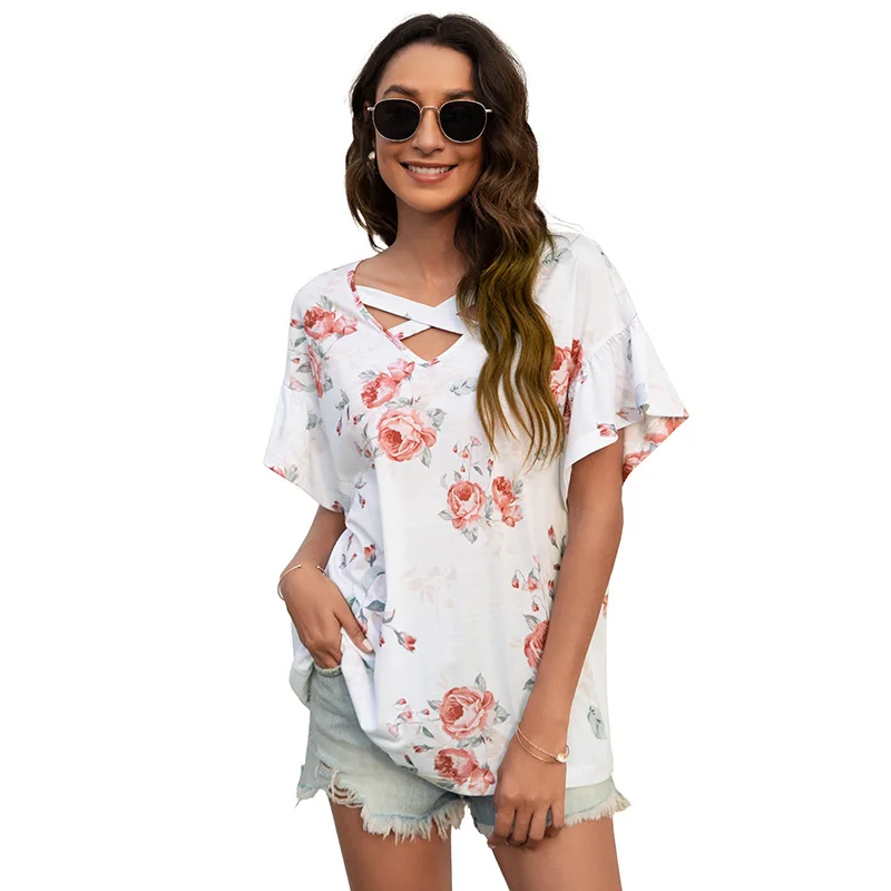 

Floral Printing Women’s T-Shirt Casual Summer New Hollow Out V-Neck Ladies T-Shirt Tops Loose Sweet Ruffles Short Sleeve Shirts