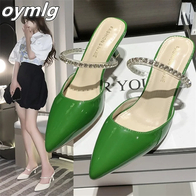 

Baotou half slippers women's 2022spring summer new one word with rhinestones stiletto pointed toe high-heeled comfortable shoes