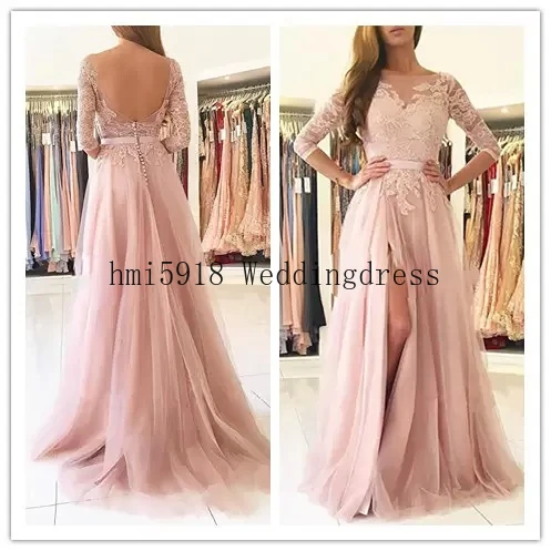 

Split Long Bridesmaids Dresses Sheer Neck 3/4 Long Sleeves Appliques Lace Maid of Honor Country Wedding Guest Gowns Cheap
