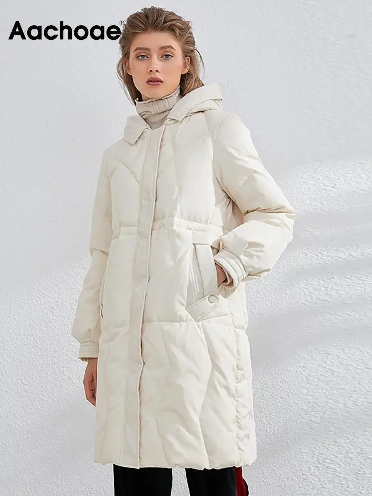 

Aachoae, однотонный женский длинный пуховик, повседневное белое утиное пальто с капюшоном, легкое теплое женское зимнее пальто Casacos Abrigo Mujer