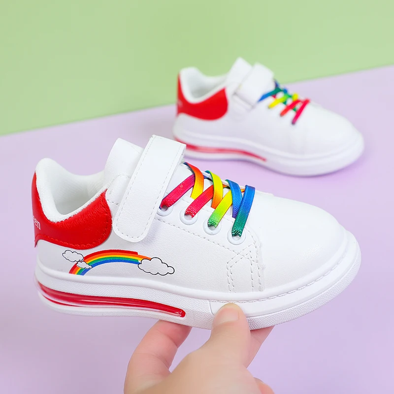 Kids Fashion Sneakers Rainbow Colorful Girls White Casual Shoes Pu Leather Wiith Air Cushion Sole Hook-loop Autunm Sneakers enlarge