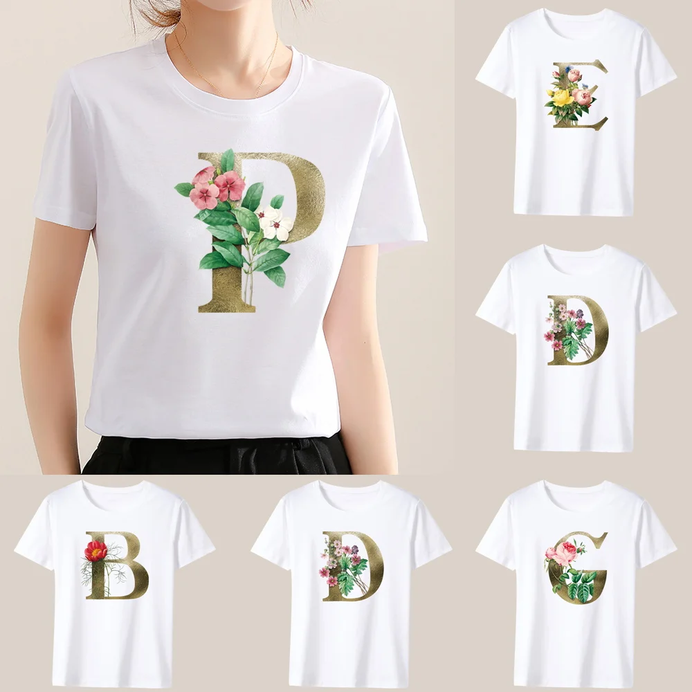

2022 Hot Sale Women's T-Shirt White Casual Top Golden Flower Print Pattern Round Neck Slim Commuter Short Sleeve Ladies T-Shirt