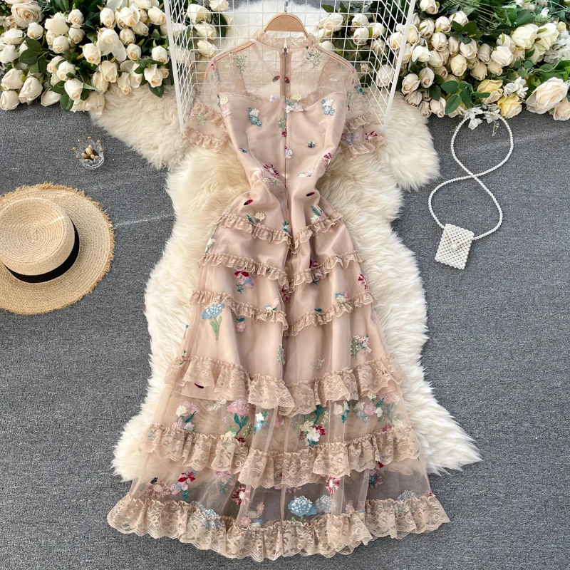 

WTIANYUW High Quality Embroidery Flower Dress Women Short Sleeve Splice Lace A Line Dresses Summer Chic Streetwear Midi Dress