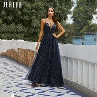 jeheth navy blue spaghetti strap prom dresses 2022 sexy deep v neck sequin a line evening party dress lace up back floor length