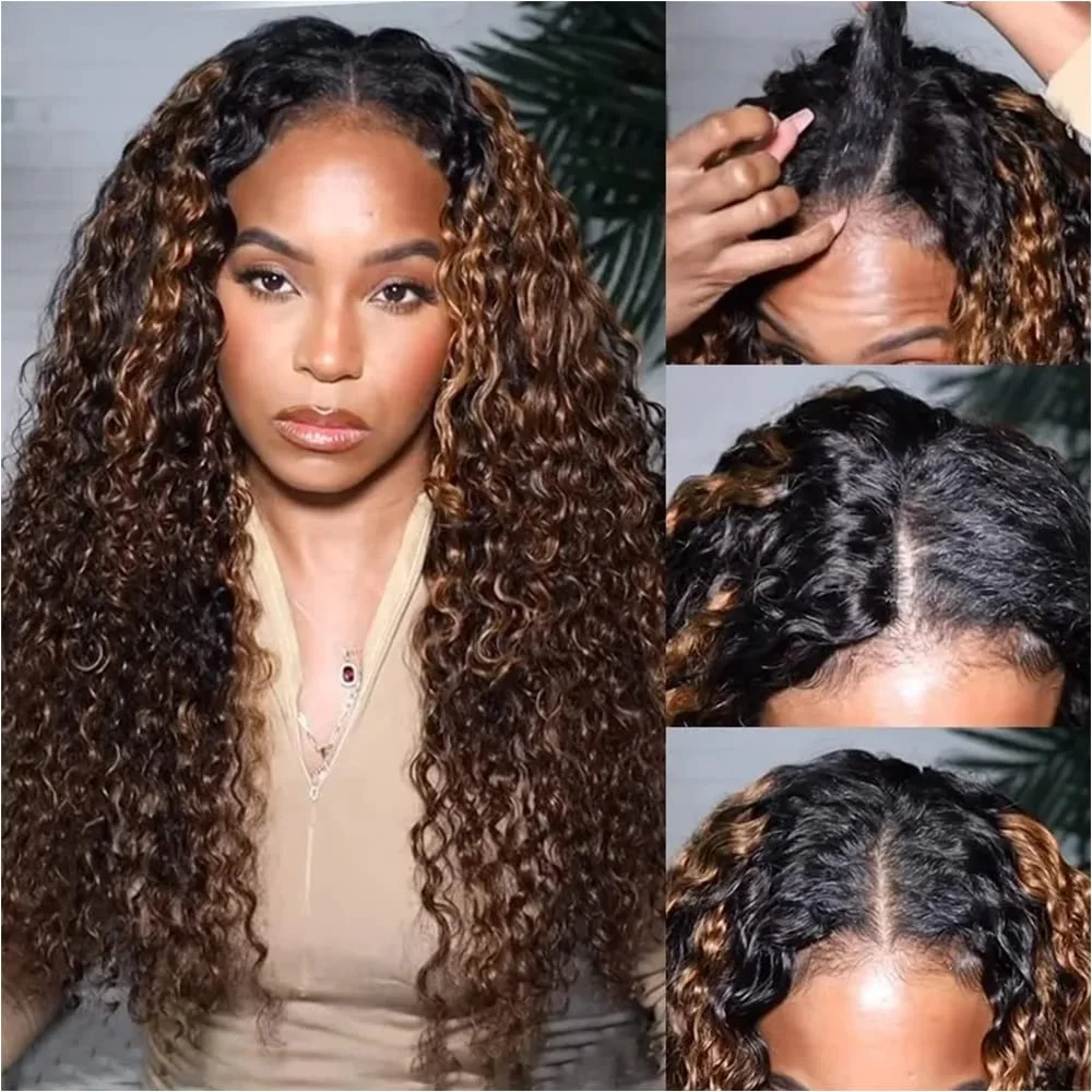 Highlight Curly Wig V Part Curly Human Hair Wigs For Black Women Brazilian Virgin Hair Wig Glueless No Leave Out No Sew In 180%