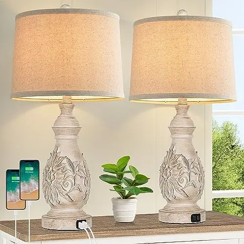 

of 2 Table Lamps for Bedrooms with 2 USB Ports, 23in Farmhouse Rustic Living Room Table Lamps for End Table, Bedside Lamps for N
