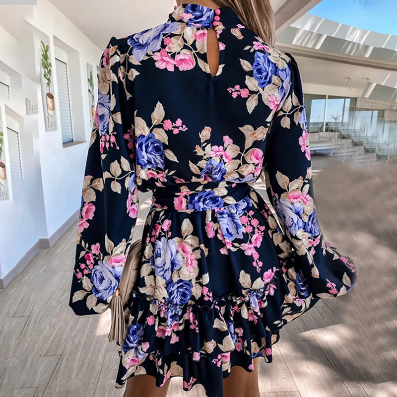 

Women's Print Dresses Elegant Long Sleeve Loose Dress Lacing-Up Party Dress Women With Floral Pattern Y2K