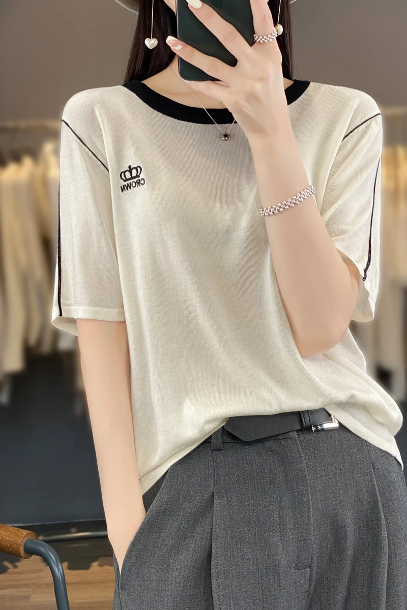 

2023 Thin Knitted T Shirt Women Short Sleeve Summer Tops Woman Clothes Striped Embroidery Fashion T-Shirt Half Sleeve Femme Vest