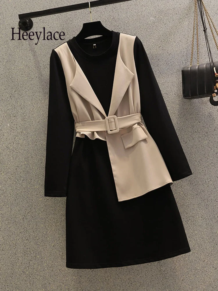 

Autumn Winter French Vintage Elegant Midi Dress Women Korea Casual Long Sleeve Fake Two Piece High Waist Dress Women Clothing