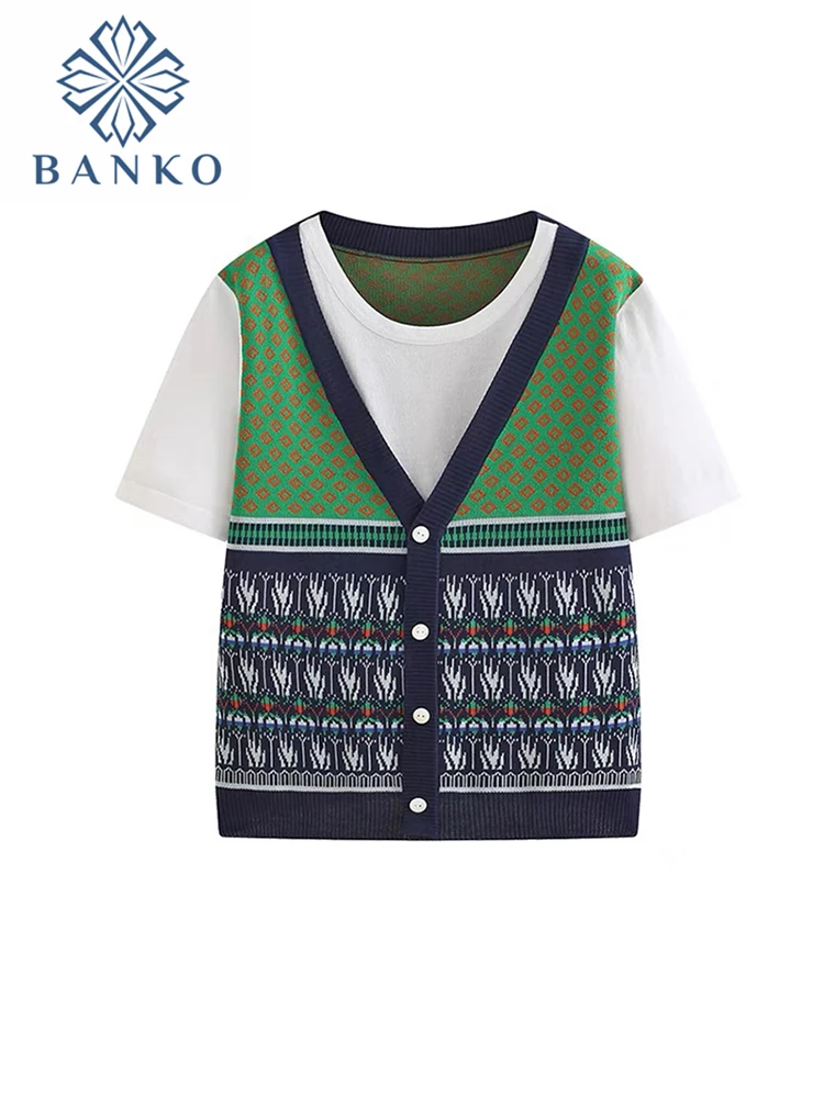 

Женская винтажная рубашка с коротким рукавом, универсальная блузка с круглым вырезом и контрастными цветными вставками, лето 2022