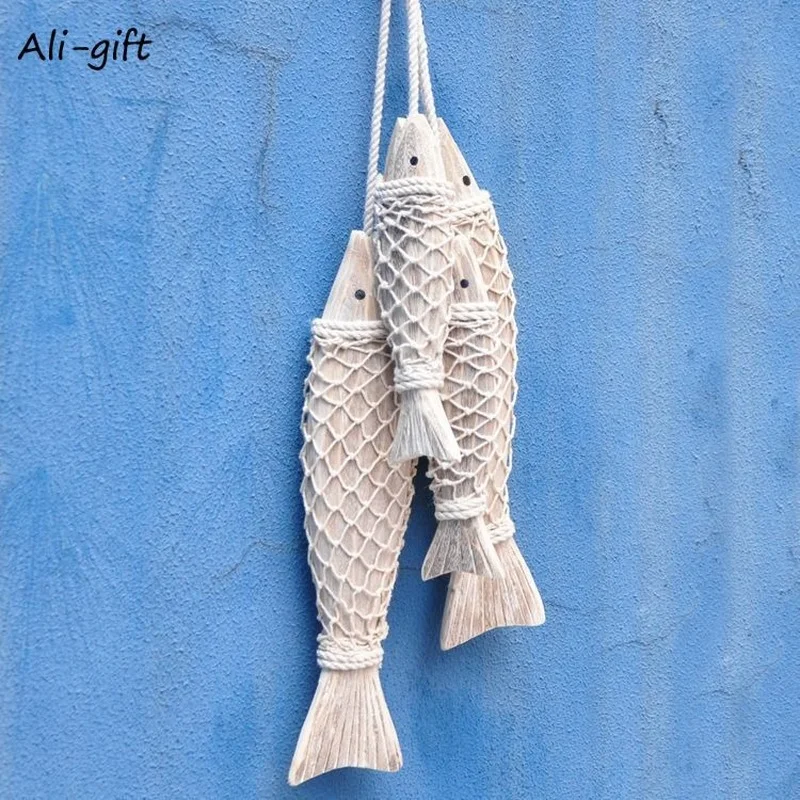 Mediterranean Style Hand Carved Wooden Fish Wall Hanging Wood Ornaments Sculptures for  Living Room Home Decor 2pcs/set Gift