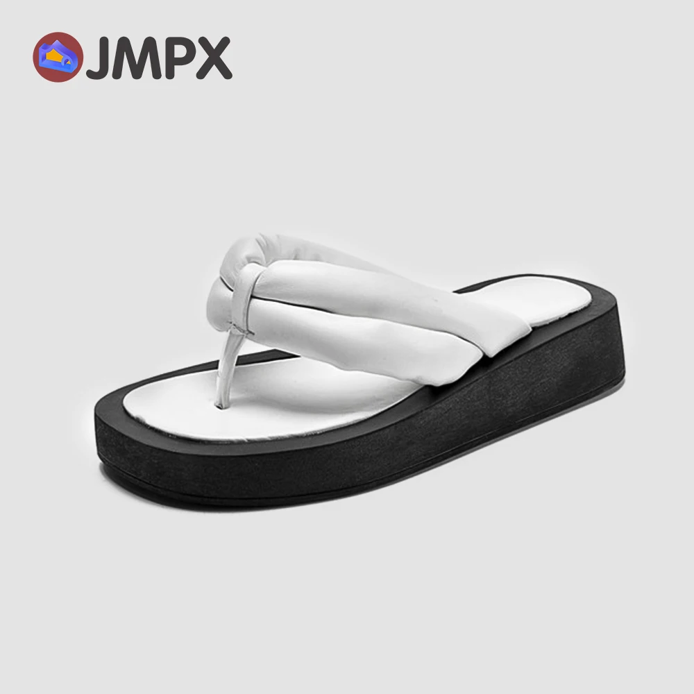 

Женские кожаные шлепанцы JMPX, летние шлепанцы на плоской подошве, удобные пляжные шлепанцы, Уличная обувь на толстой танкетке, 2022