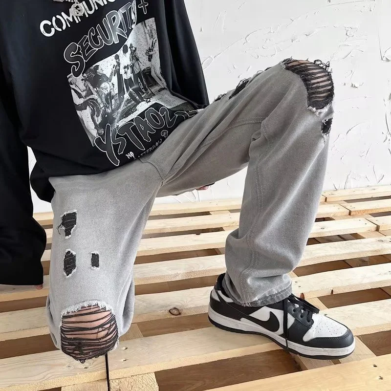 Summer Ripped Baggy Jeans Men Fashion Casual Straight Jeans Men Streetwear Hip Hop Loose Hole Denim Pants Mens Trousers S-3XL