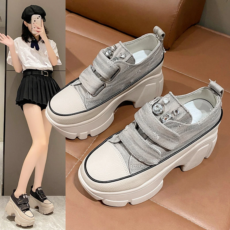 

Womens Denim Jeans Platform Rhinestones Creepers Belt Shoes Sneakers Oxfords Japanese Harajuku Chunky High Heel Rock JK