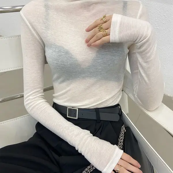 

High Collar Facial Mask Bottoming Shirt for Women Spring Autumn Thin Mini Transparent T-shirt Fashion Pile Neck Knitwear