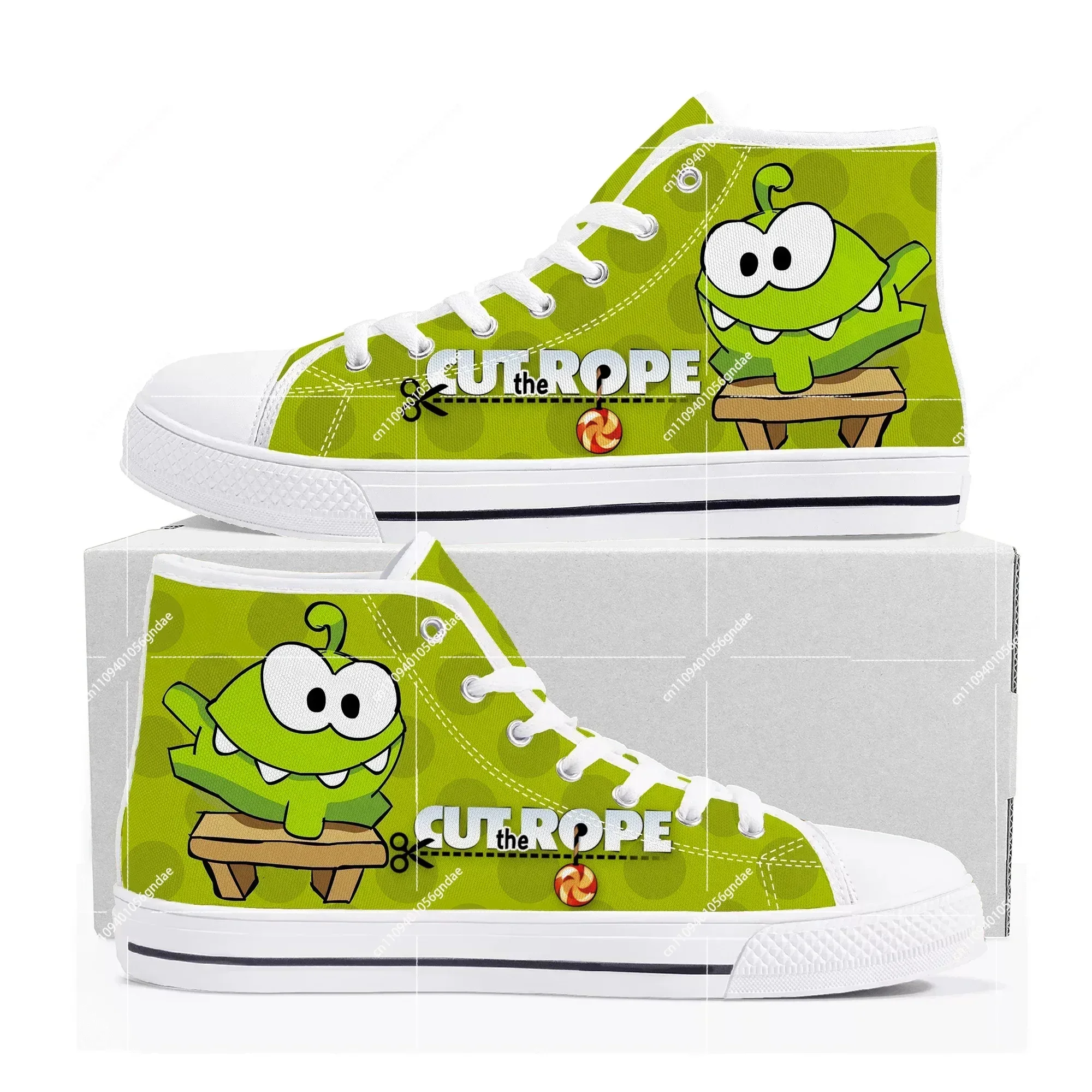 Фото Кроссовки Cut The Rope High Top с мультяшным принтом, мужские, женские, подростковые, высококачественные модные кеды из канваса, повседневные, на заказ №2