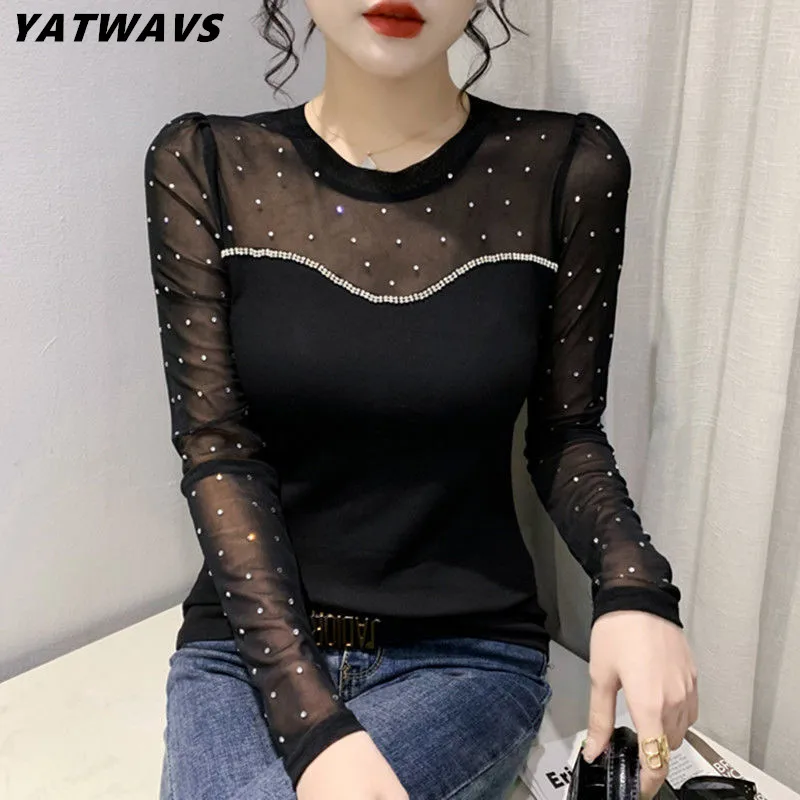 

Autumn Streetwear Girl O-Neck T-Shirts New Sexy Slim Mesh Beading Long Sleeve Women Tops Luxury Diamonds Stretchy Tees Blusas