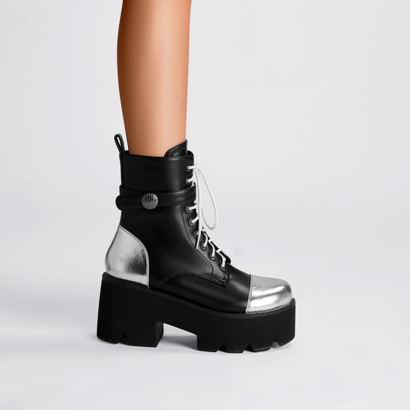 

Fashion Women Boots Round Toe Luxury All-match Motorcycle Boots Chunky Lace Up Boots Casual Outdoor Platform Shoes For Female