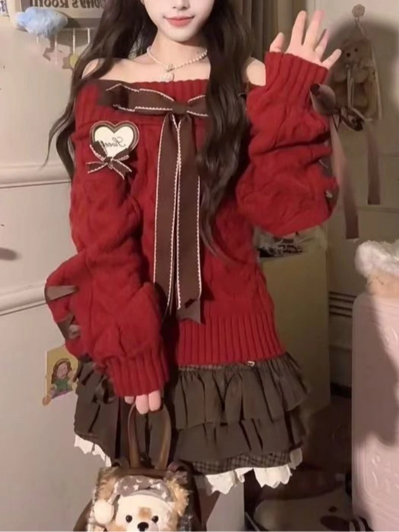 Свитер с открытыми плечами и бантом винно-красный трикотаж многослойная юбка