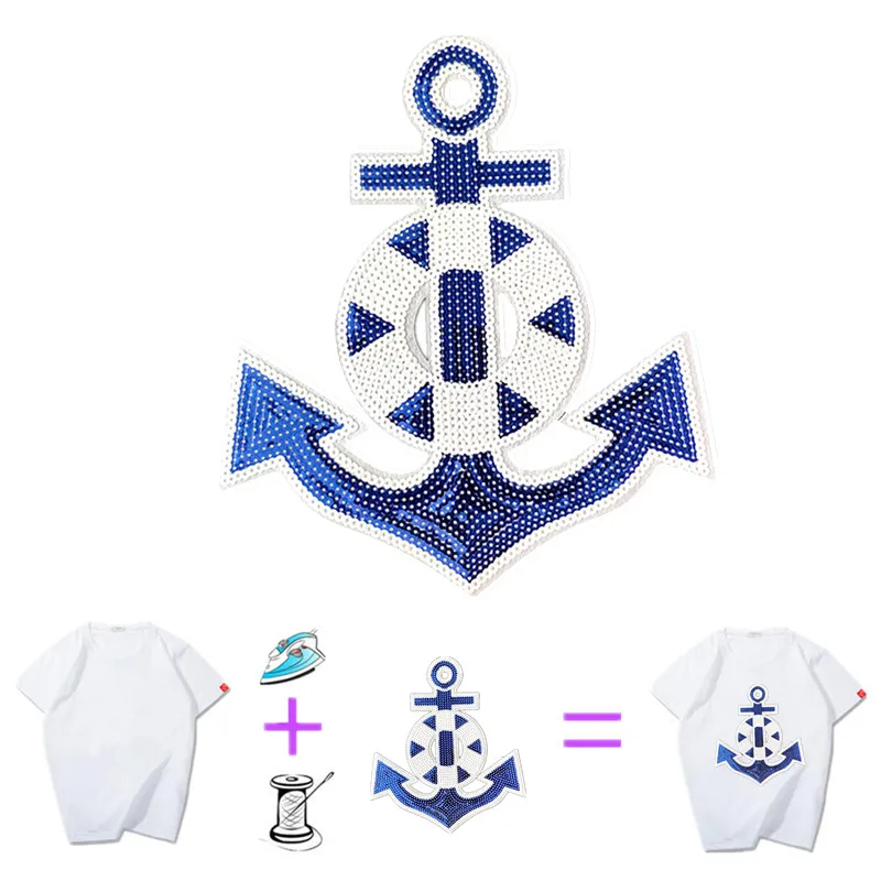 Сверкающая синяя нашивка с блестками и якорем для лодки аппликация украшения