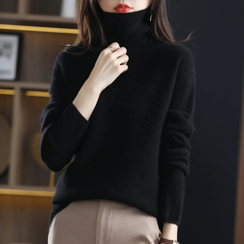 Autumn and Winter New High Collar 100% Woolen Sweater Women's Thickened Pullover Loose Undercoat