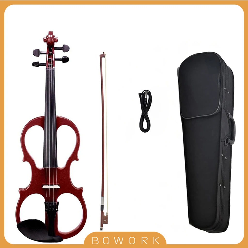 Electric Silent Violin Fiddle Student 4/4 Electric Violin Silent Solid Wood Ebony Cable High Level Preamp W/Case KIT Dark Red