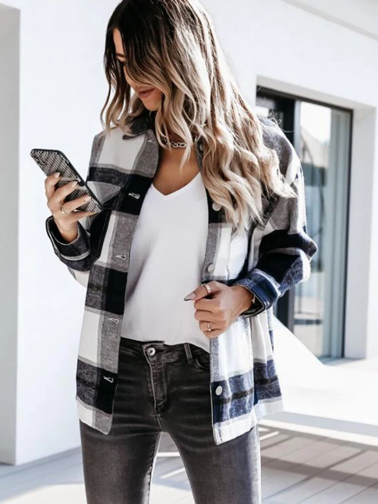 Shirts For Women Plaid Long Sleeve Button Up Shirt Collared Tops And Blouse 2022 Autumn Spring Fashion Loose Casual Black White