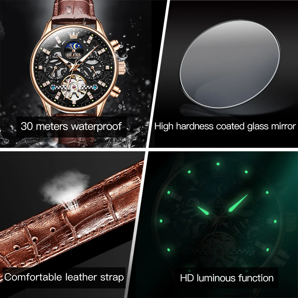 Мужские деловые наручные часы OLEVS водонепроницаемые до 30 метров с полым