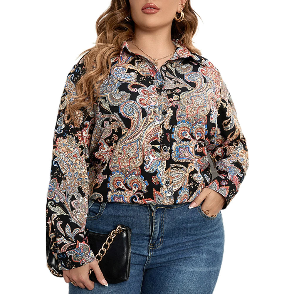 

Plus Size Women Print Blouse Long Sleeve Loose Shirt Lapel Tops Button Up Casual Autumn Regular Blouse