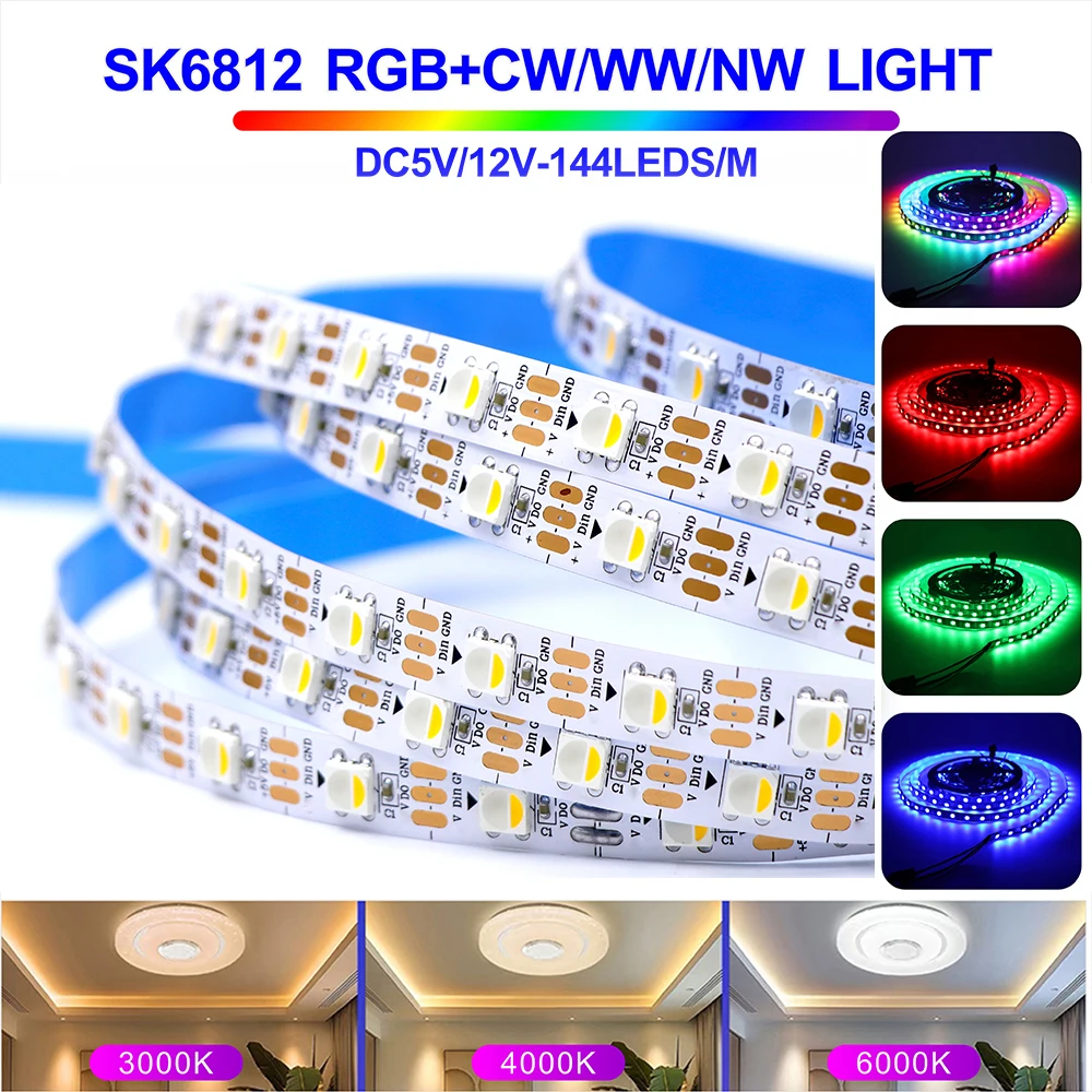 Фото Светодиодная лента SK6812 с адресной RGBW-подсветкой 12В RGBWW 30/60/144 светодиодов/м IP30 IP65 IP67 1м 5м Гибкая декоративная лента для создания атмосферы, гибкая RGB-подсветка №1