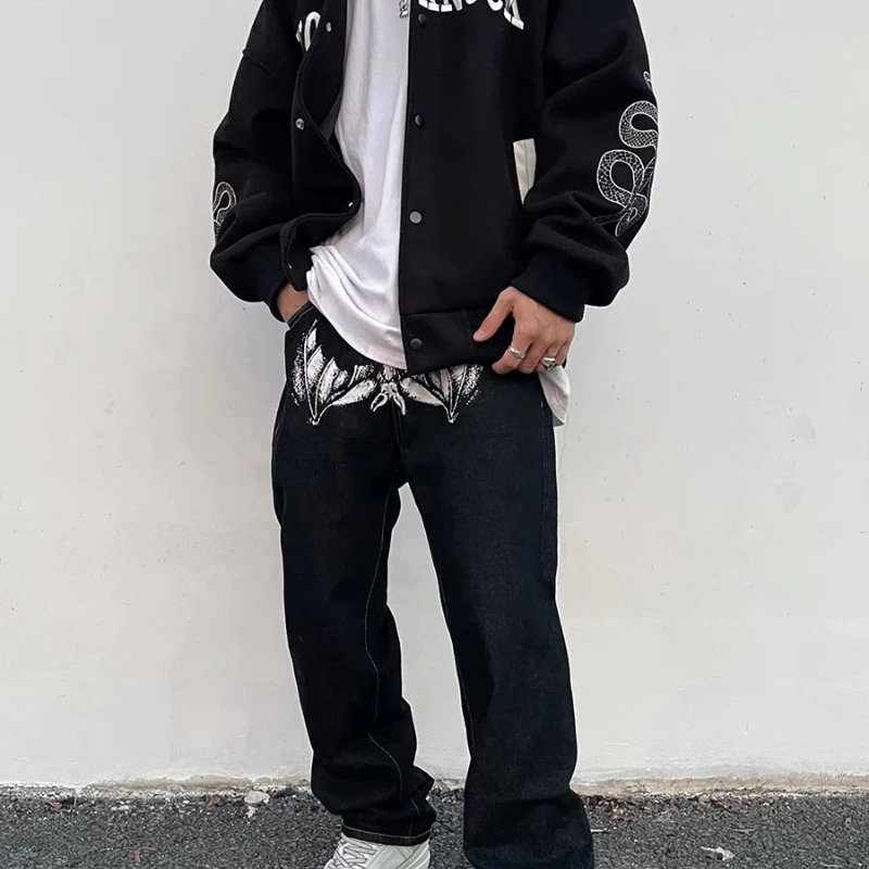 American Street Vintage High Printed Jeans Straight Leg Loose Hiphop Skeleton Pants Jeans For Men