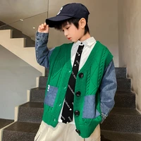 boys outerwear autumn 2022 knitted cardigan denim jacket fake two piece kids clothes coat all match casual school children tops