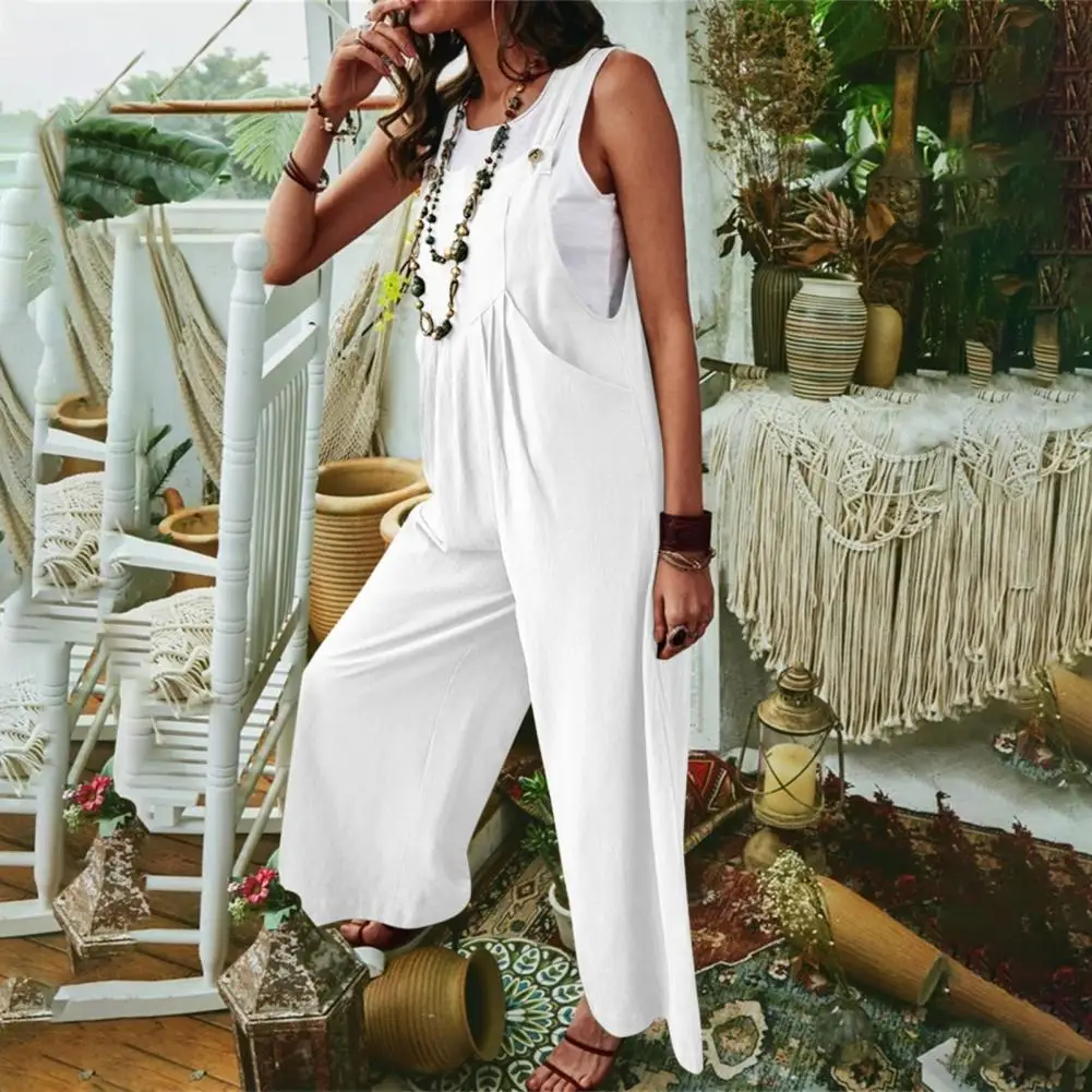 

Overalls Romper Wide Shoulder Straps Simple Playsuit Beach Solid Color Wide Leg Travel Playsuit