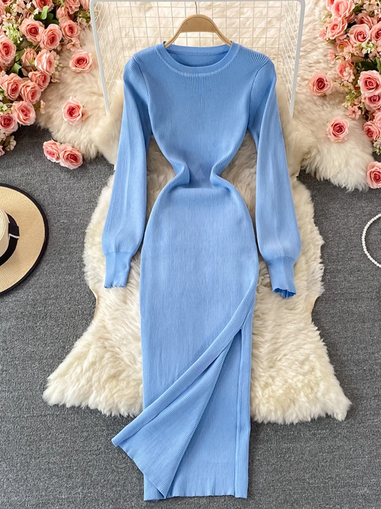 

YuooMuoo Brief O-neck Knitted Sweater Dress 2022 Autumn Winter Casual Long Sleeve Side Split Women Dress Korean Bodycon Vestidos