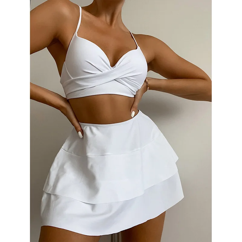 

Новинка 2023, пикантный женский купальник в европейском и американском стиле, летний купальник-тройка, чистый белый сетчатый красный бикини в стиле ins