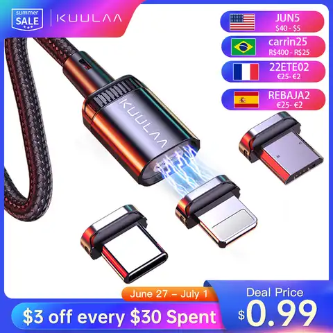 Магнитный светодиодный USB-кабель KUULAA, кабель для быстрой зарядки 3 А, Тип C, магнитное зарядное устройство, кабель Micro USB для iPhone 13, 12, 11, шнур
