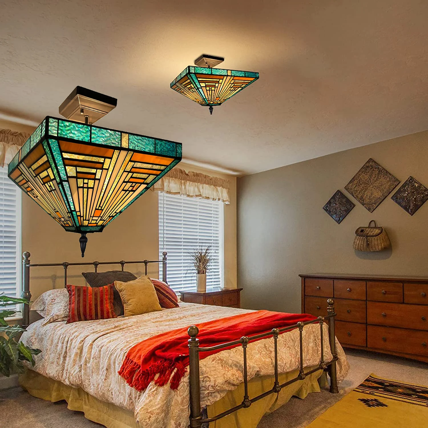 

Tiffany Semi Flush Mount Ceiling Light Vintage Mission Style Stained Glass Hang Light For Bedroom Dining Living Room Entryway