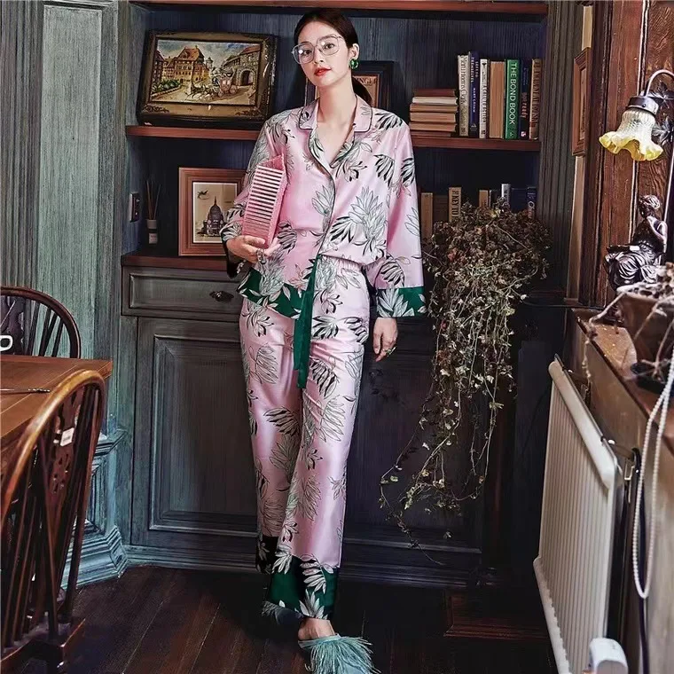 

Floral Print Women's Pajama Set Pink Summer Satin Ladies Home Suit Spring Pijama 2 Pieces With Pants Home Wear For Female 2023