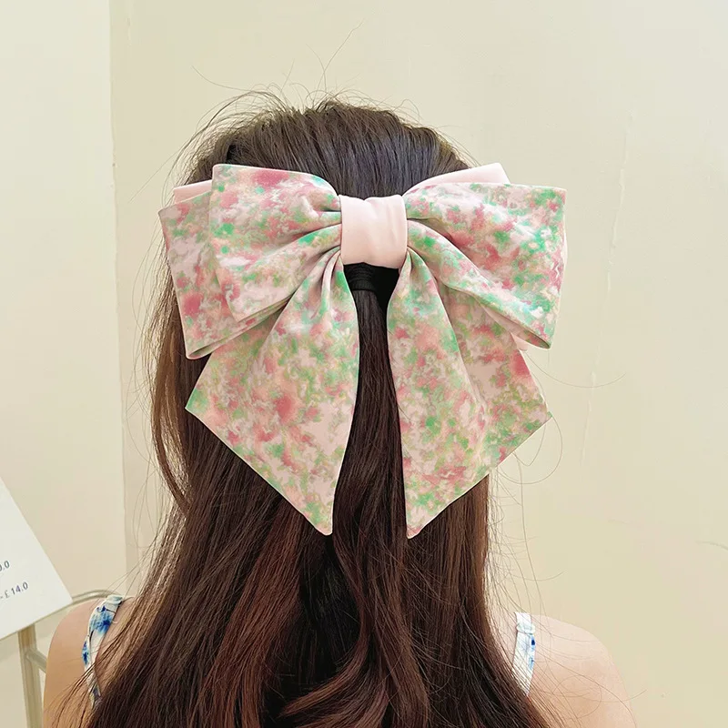 

Oversized Bow Steel Hair Clips 3 Layers Floral Printed Barrettes Elegant Women Ponytail Holder Girls Hairpins Hair Accessories