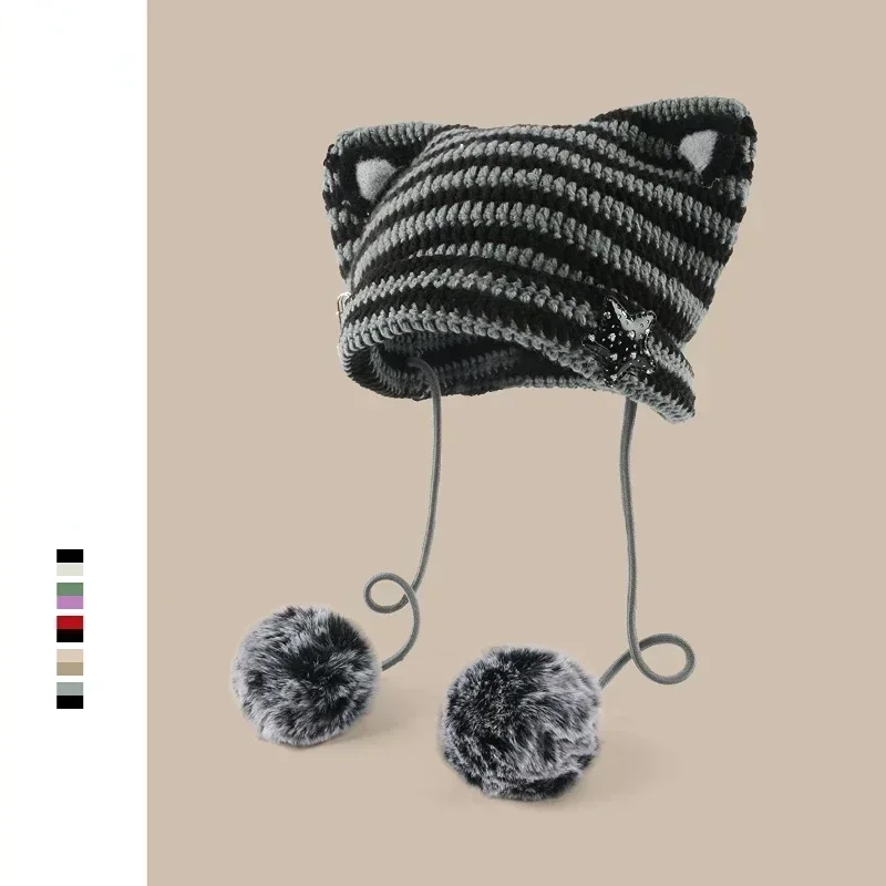 

Handmade Y2k Japanese Cat Ear Beanies Rabbit Hair Pom-pom Striped Sweetheart Girl Knit Cap Autumn and Winter Warm Women's Hats