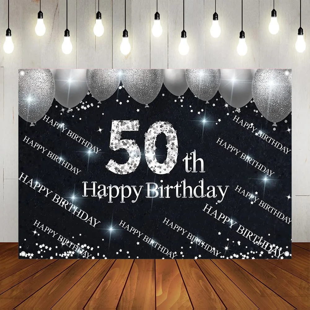 

Happy 50th Birthday Party Banner Backdrop Decorations Black Silver Crown Man Woman Anniversary Background Photography Poster(1)