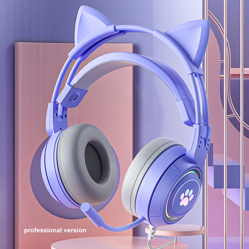 

Игровые наушники с кошачьими ушками, проводная гарнитура для девочек, геймеров, стереонаушники с кошачьими ушками, наушники для ПК с микрофоном для планшета PS4, PS5, ФИФА