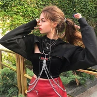 women sexy black red cropped hoodie gothic punk loose chain patchwork pullover sweatshirt lady fashion streetwear hooded top