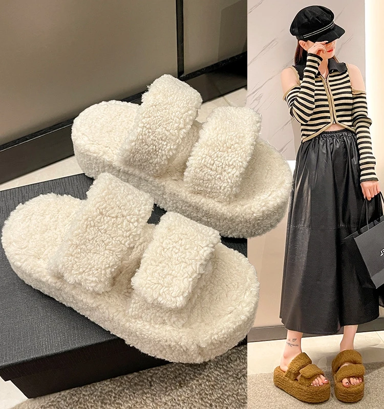 Женские домашние шлепанцы на платформе меховые Шлепанцы из флока плюшевые