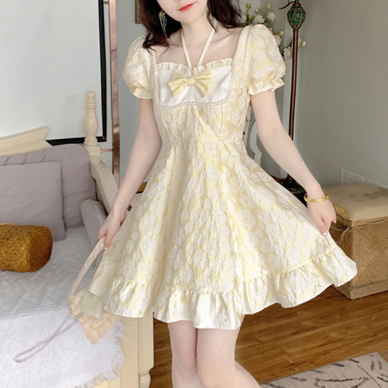 

Japanese Sweet Fairy Floral Dress Women Kawaii Yellow Bow Puff Sleeve Elegant Princess Dresses Summer Vintage Party Mini Dress