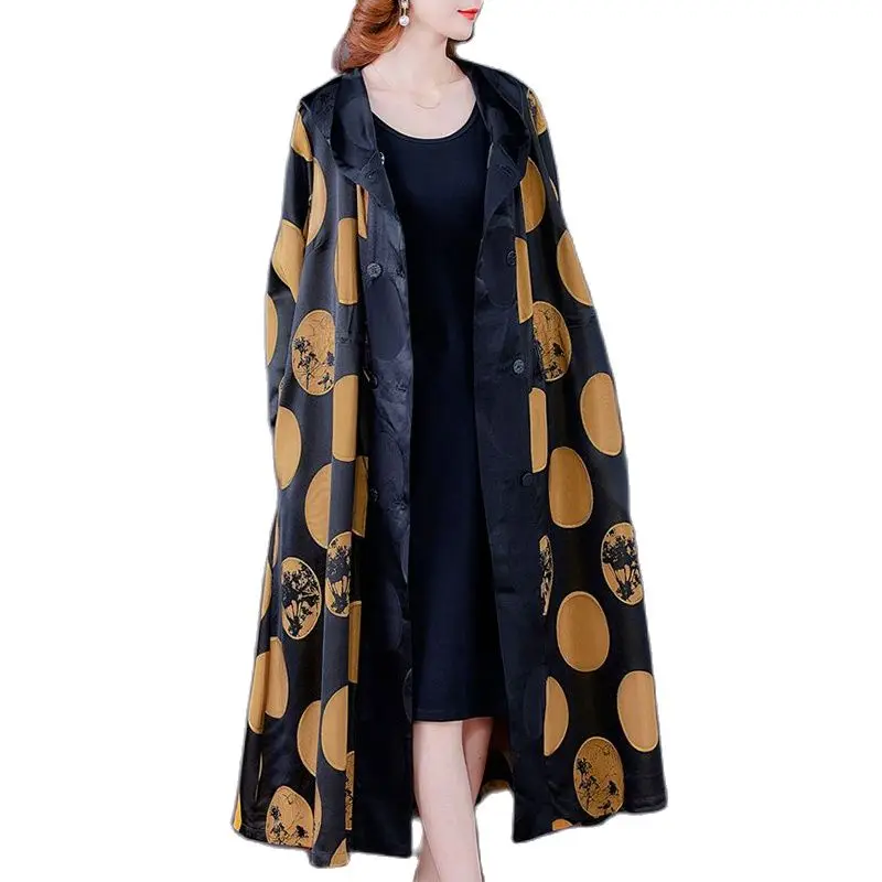 

Large Size Fashion Hooded Long Windbreaker Autumn 2023 New Womens Slim Wave Point High-end Age-reducing Loose Over-the-Knee Coat