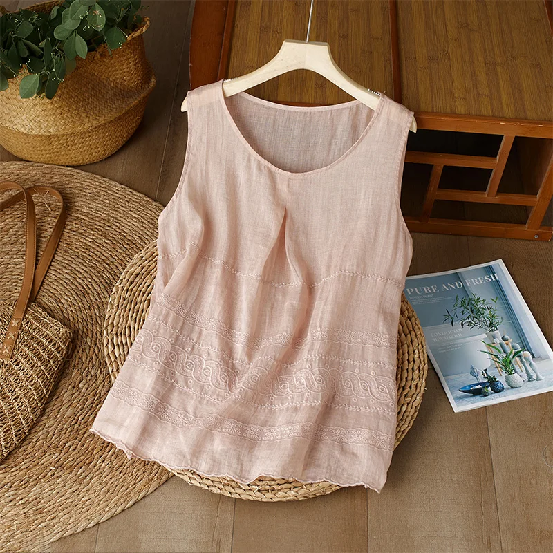 Топ без рукавов с вышивкой в стиле ретро летняя тонкая дышащая основа рами