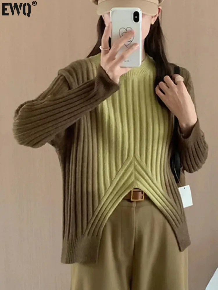 

[EWQ] Fashion Long Sleeve O Neck Split Gradient Color Casual Knitted Top Pullover Sweater For Women 2023 Autumn Winter 16U5995