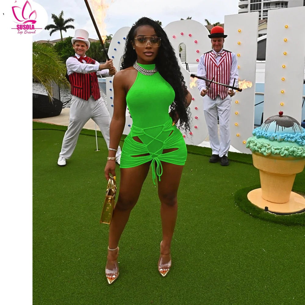 

SUSOLA Solid 2 Piece Sets Women Beach Outfits Lady Summer Sexy Tank Bodysuits Top + Drawstring Lace Up Mini Skirt Club Suits